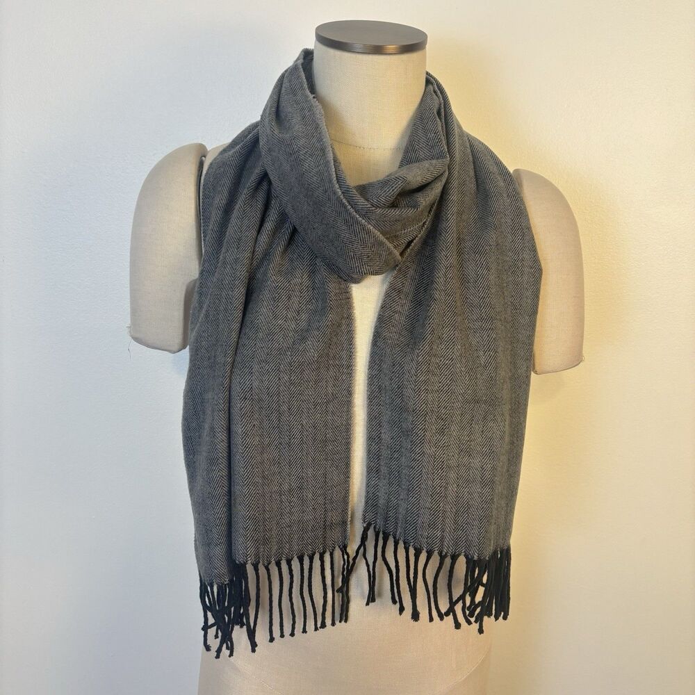 Italy Design Womens Scarf Rectangle Black Gray Cashmere Blend Fringe Hem